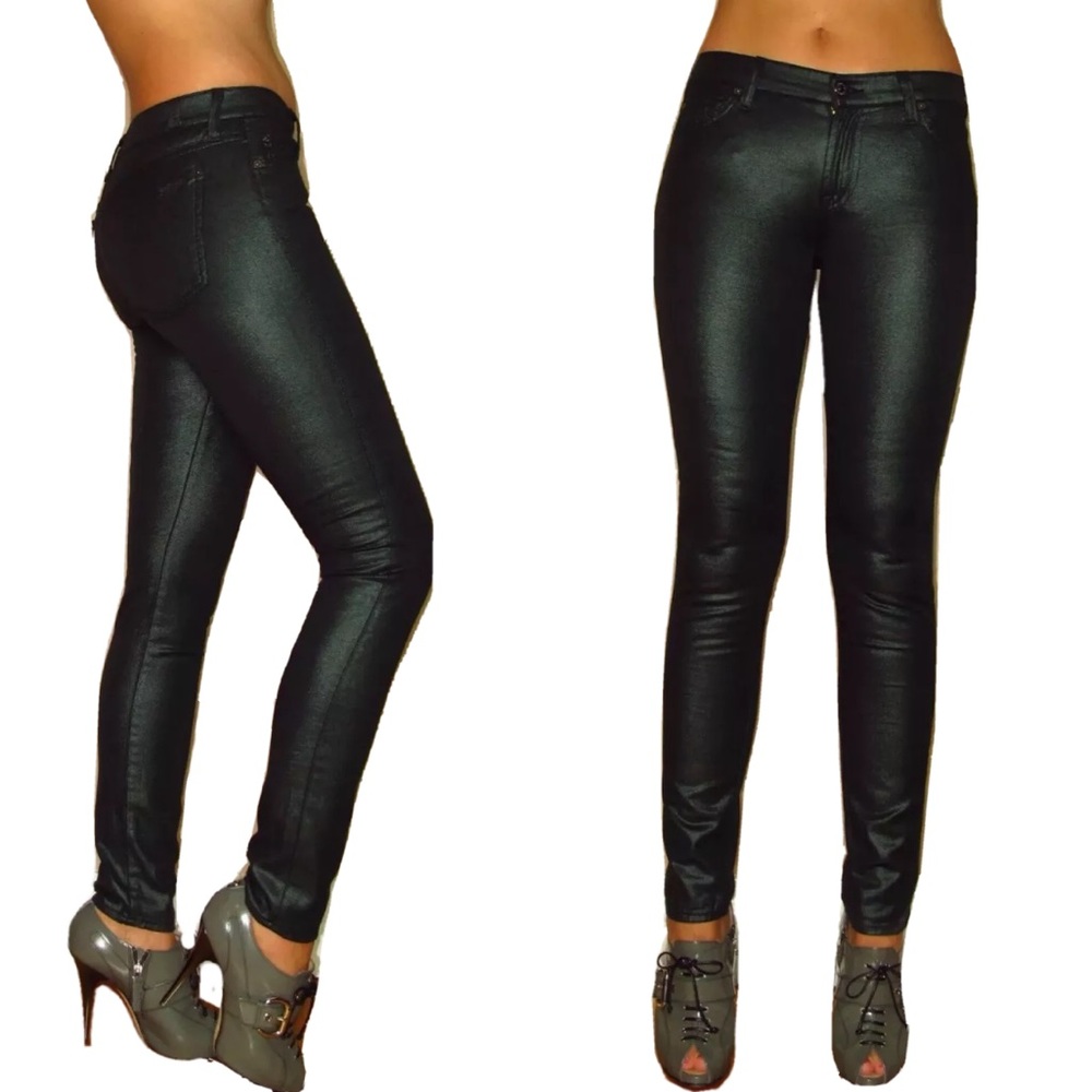 7 For All Mankind Skinny Black Emerald Green Sheen Jeans size 24 New